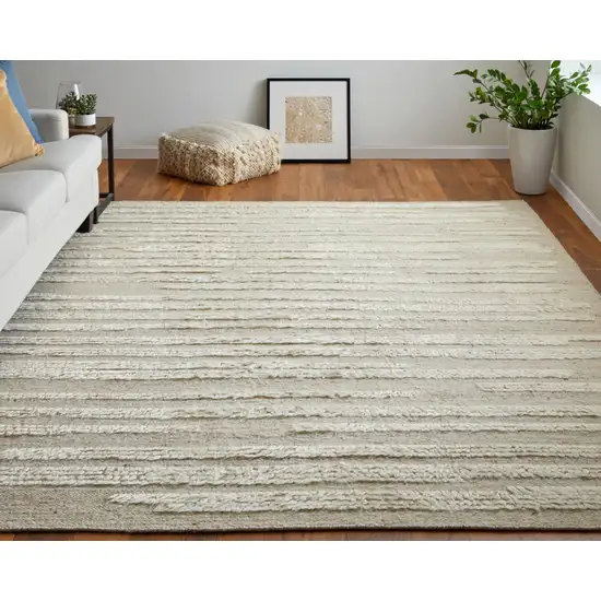 White and Tan Wool Striped Hand Woven Area Rug Photo 8