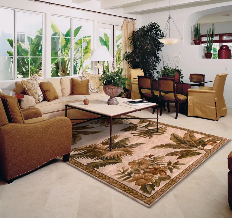 Wool Ivory with Laurel Border Palm Tree Area Rug Photo 4