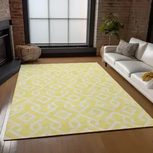 Photo of Yellow And Ivory Geometric Washable Indoor Outdoor Area Rug