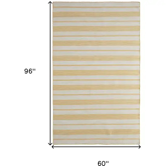 Yellow And Ivory Striped Dhurrie Hand Woven Stain Resistant Area Rug Photo 9