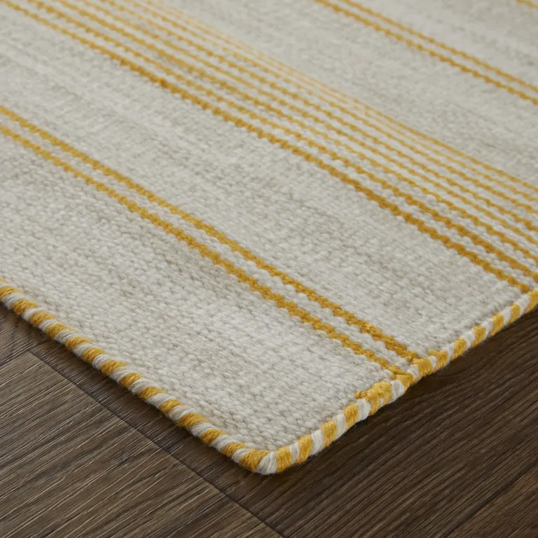 Yellow And Ivory Striped Dhurrie Hand Woven Stain Resistant Area Rug Photo 4