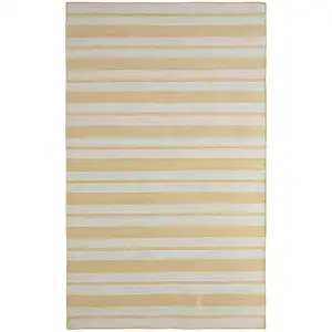 Photo of Yellow And Ivory Striped Dhurrie Hand Woven Stain Resistant Area Rug