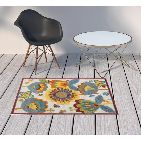 Yellow And Teal Floral Non Skid Indoor Outdoor Area Rug Photo 2