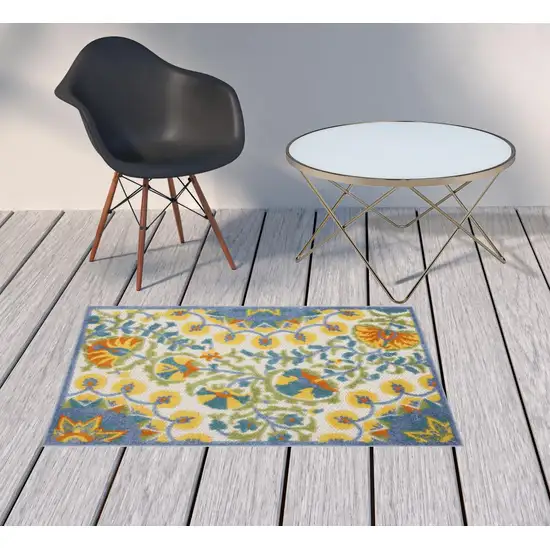 Yellow And Teal Toile Non Skid Indoor Outdoor Area Rug Photo 2