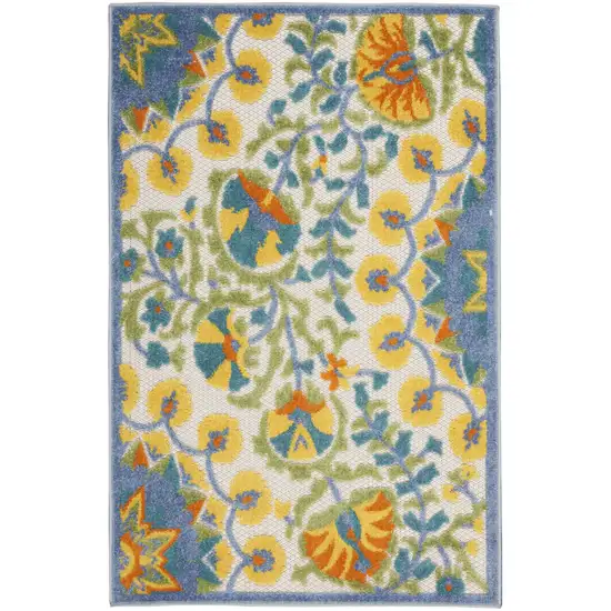 Yellow And Teal Toile Non Skid Indoor Outdoor Area Rug Photo 1