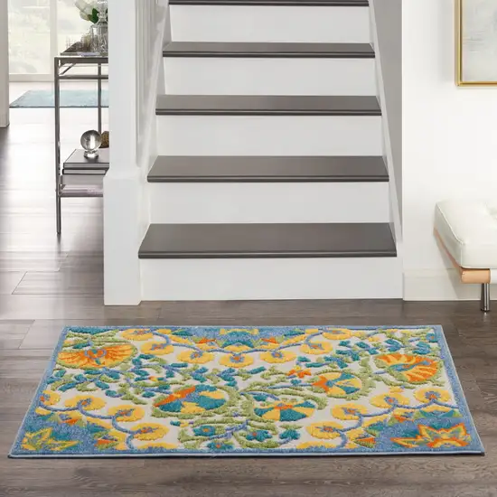 Yellow And Teal Toile Non Skid Indoor Outdoor Area Rug Photo 9