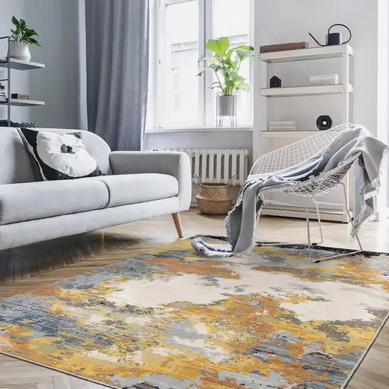 Yellow Gold Blue Grey Brown And Beige Abstract Power Loom Stain Resistant Area Rug Photo 7