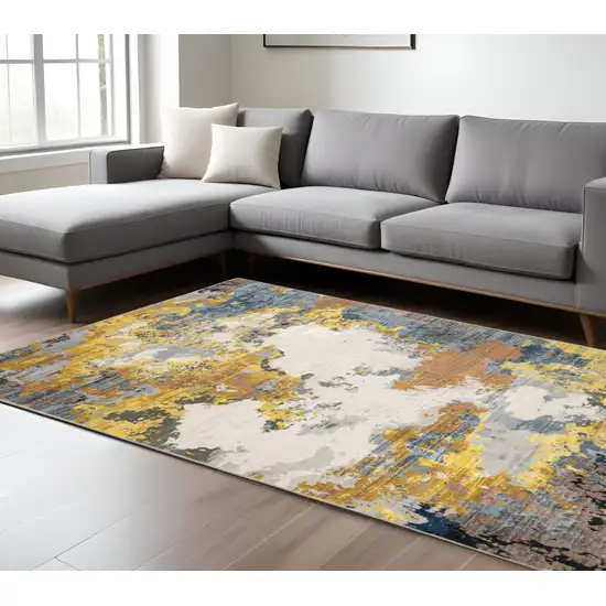 Yellow Gold Blue Grey Brown And Beige Abstract Power Loom Stain Resistant Area Rug Photo 1