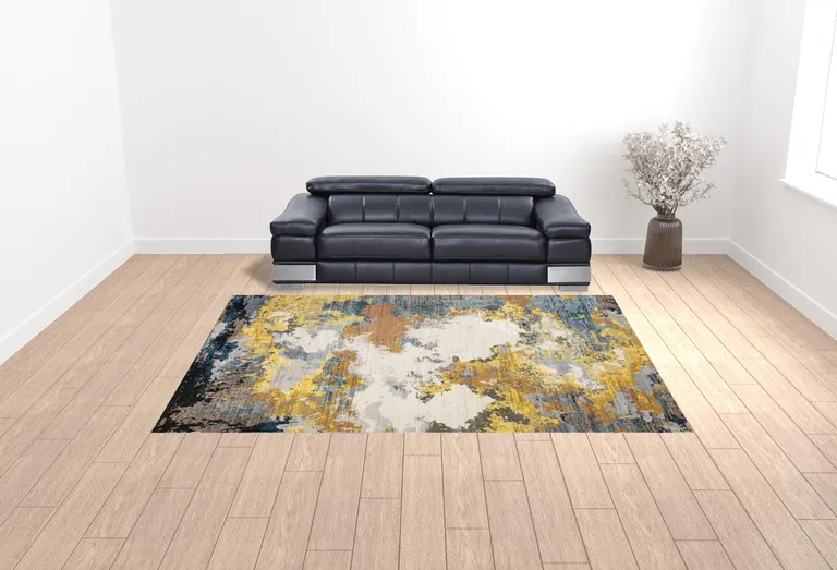 Yellow Gold Blue Grey Brown And Beige Abstract Power Loom Stain Resistant Area Rug Photo 2