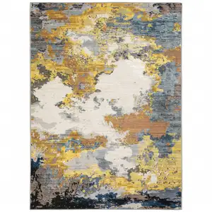 Photo of Yellow Gold Blue Grey Brown And Beige Abstract Power Loom Stain Resistant Area Rug