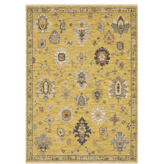 Yellow Gray And Black Oriental Area Rug With Fringe Photo 2