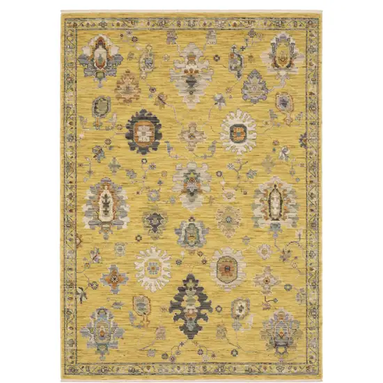 Yellow Gray And Black Oriental Area Rug With Fringe Photo 5