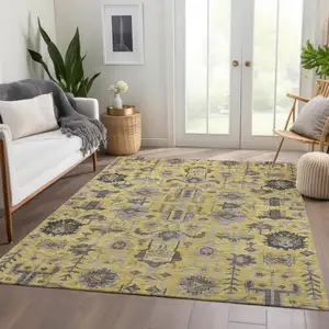 Photo of Yellow Gray And Charcoal Oriental Washable Indoor Outdoor Area Rug