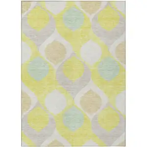 Photo of Yellow Mint Green And Beige Ogee Washable Indoor Outdoor Area Rug