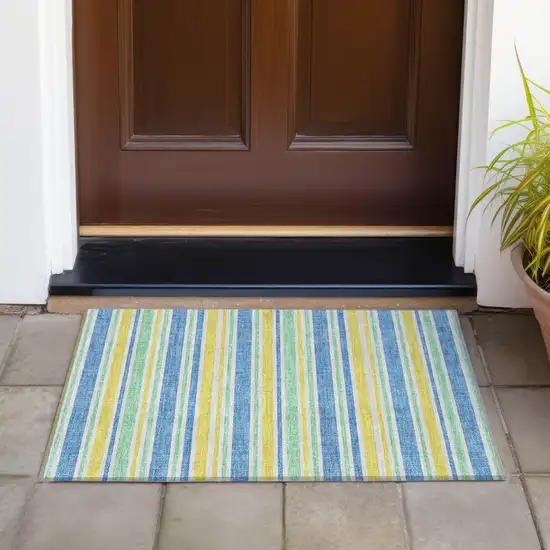 Yellow Striped Washable Non Skid Indoor Outdoor Area Rug Photo 8