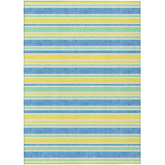 Blue Yellow and Green Striped Washable Non Skid Indoor Outdoor Area Rug Photo 2