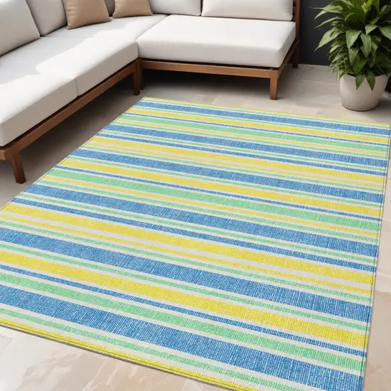 Blue Yellow and Green Striped Washable Non Skid Indoor Outdoor Area Rug Photo 1