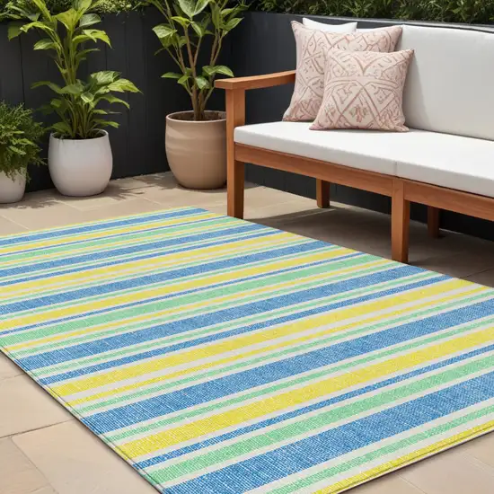 Blue Yellow and Green Striped Washable Non Skid Indoor Outdoor Area Rug Photo 1