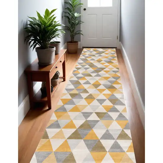 10' Yellow Geometric Dhurrie Runner Rug Photo 1