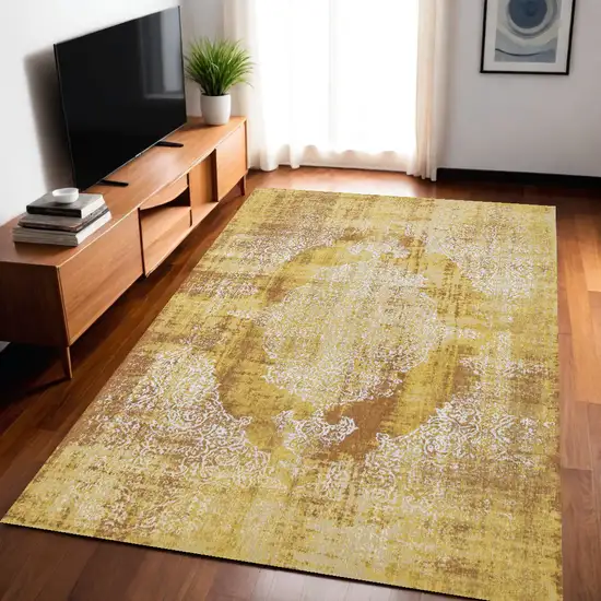 Yellow and Brown Oriental Non Skid Area Rug Photo 1