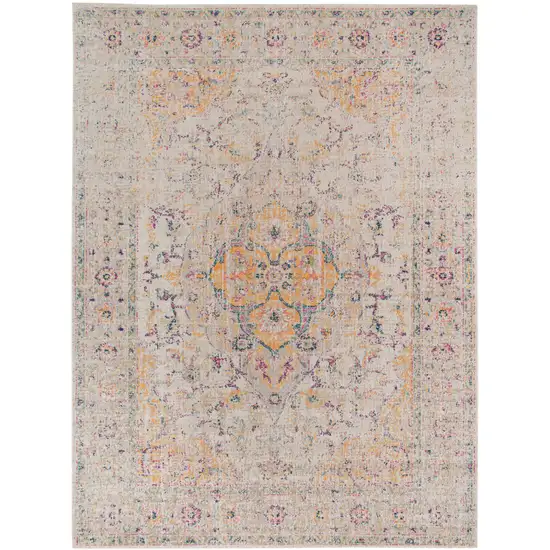 Yellow and Ivory Oriental Power Loom Area Rug With Fringe Photo 1