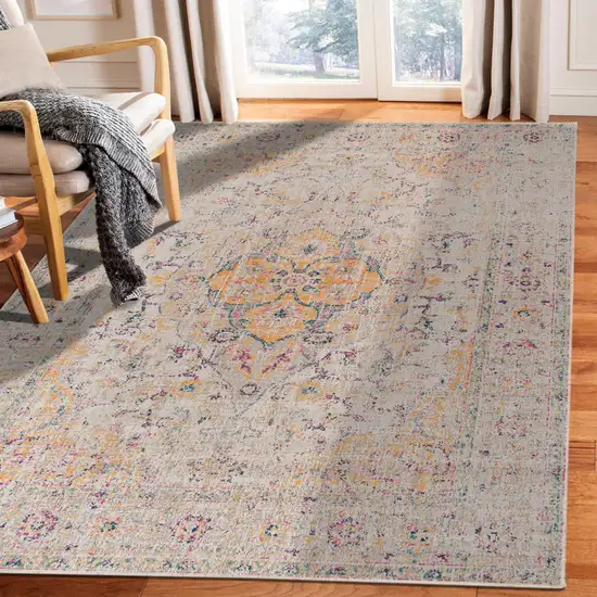 Yellow and Ivory Oriental Power Loom Distressed Area Rug Photo 6