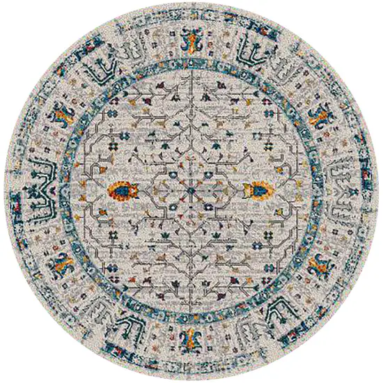 Yellow and Ivory Round Southwestern Stain Resistant Indoor Outdoor Area Rug Photo 2