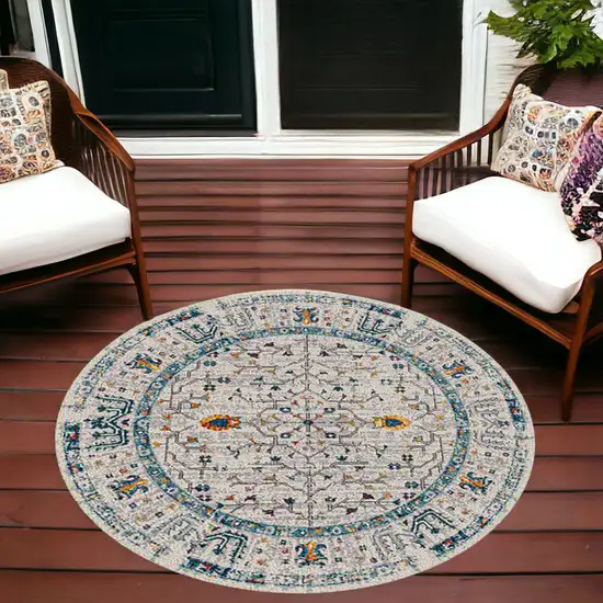 Yellow and Ivory Round Southwestern Stain Resistant Indoor Outdoor Area Rug Photo 1