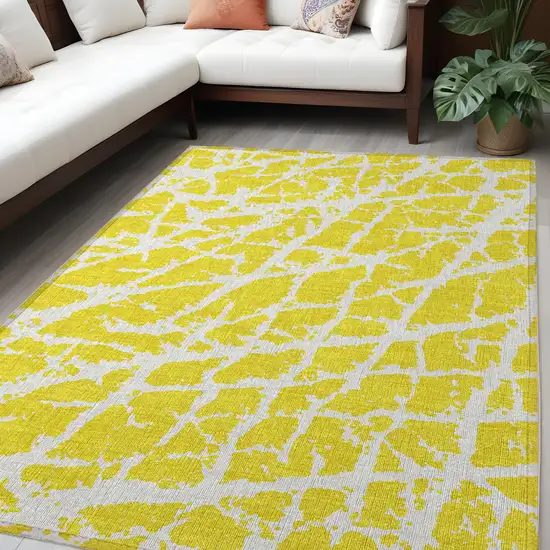 Yellow and White Abstract Washable Non Skid Indoor Outdoor Area Rug Photo 1