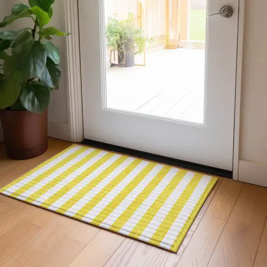 Yellow and White Striped Washable Indoor Outdoor Area Rug Photo 8