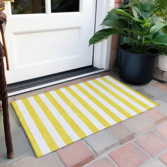 Yellow and White Striped Washable Indoor Outdoor Area Rug Photo 7