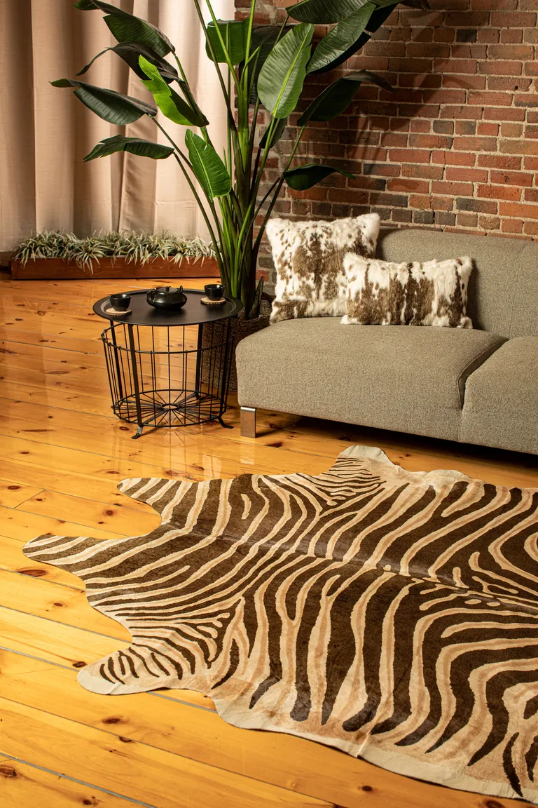 Zebra Chocolate And Natural Cowhide Handmade Area Rug Photo 5